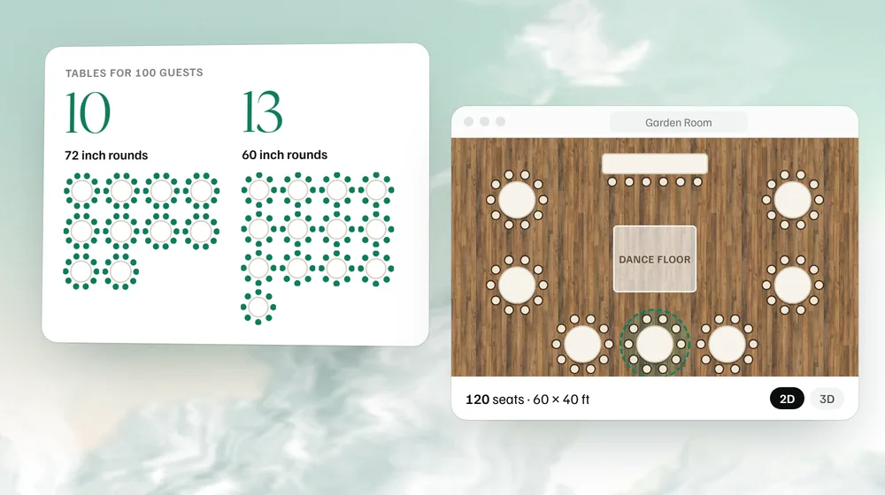 Ten 72 inch rounds or thirteen 60 inch rounds for 100 guests, beside a floor plan set with rounds.