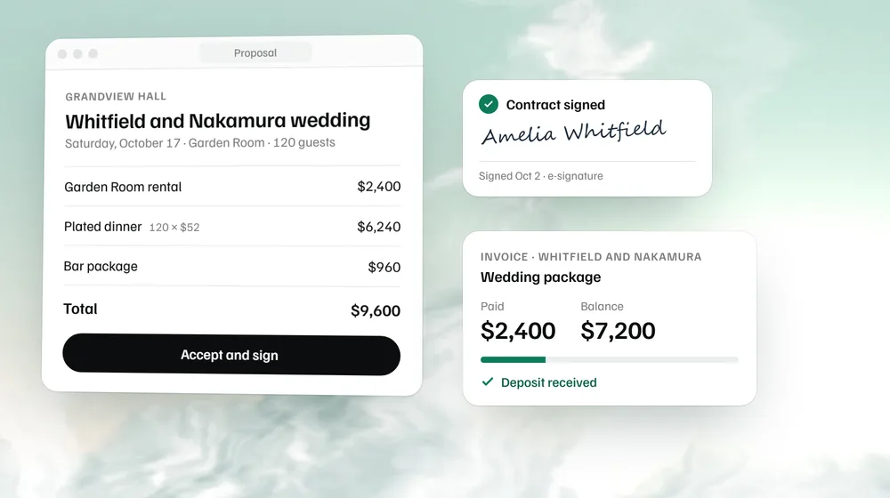 An event proposal with three line items and a total, followed by the signed contract and the deposit.