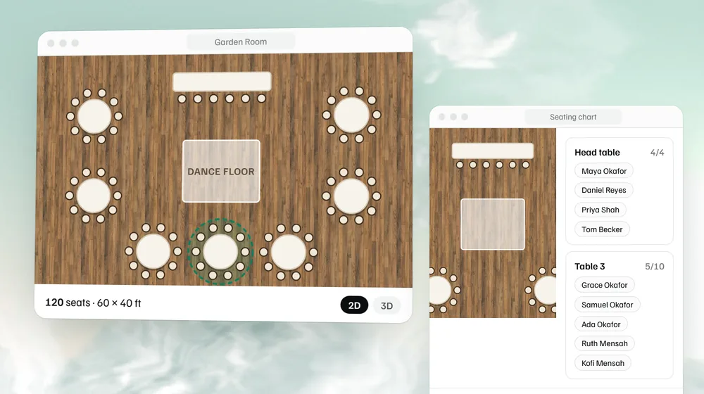 A 2D floor plan of the Garden Room with 120 seats beside its seating chart.