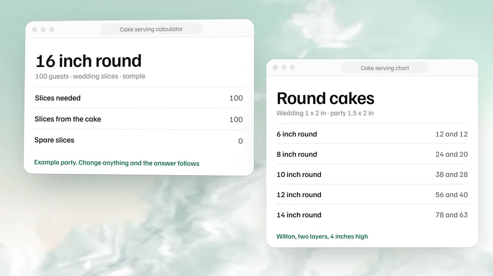 The cake serving calculator's result for a sample party: a 16 inch round for 100 guests at wedding slices, next to the serving chart for round cakes at wedding and party slices.