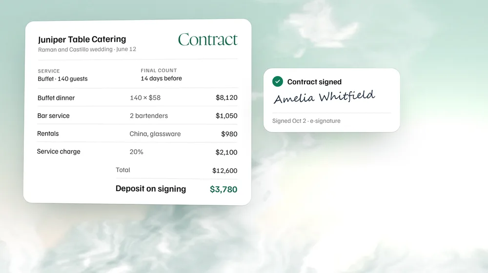A catering contract for a 140 guest buffet wedding with a $3,780 deposit on signing, beside a contract signed in MyVenueHQ.