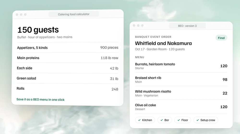 The catering calculator’s list for 150 guests beside a BEO menu with counts per dish.