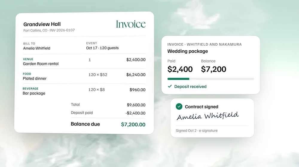 A catering invoice for 120 guests with a $7,200 balance due, beside the same invoice in MyVenueHQ with the deposit received and the signed contract.