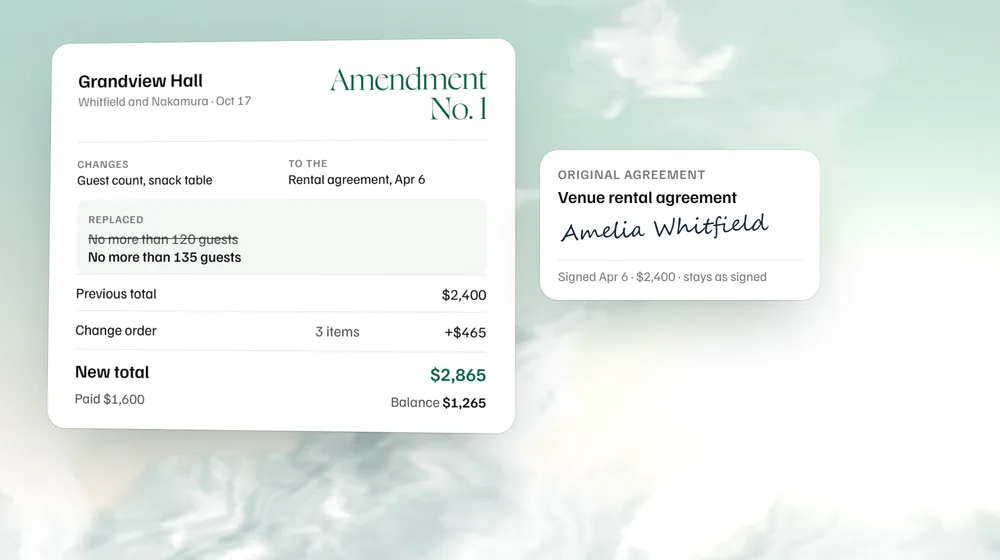 Amendment No. 1 for a sample wedding, replacing the guest count clause and repricing $2,400 to $2,865 with a $1,265 balance, beside the signed original agreement that stays as signed.