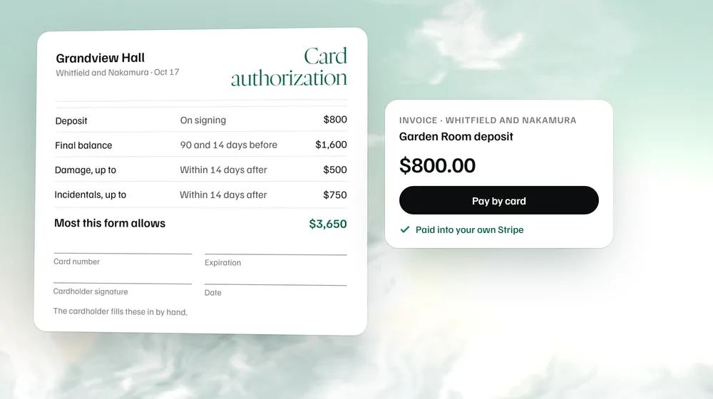 A credit card authorization form for a sample wedding with a deposit, a final balance and caps for damage and incidentals, the card lines blank, beside an $800 deposit invoice paid by card in MyVenueHQ.