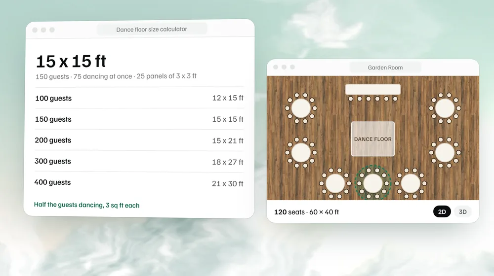 Dance floor sizes for 100 to 400 guests, beside a floor plan with the dance floor set among round tables.