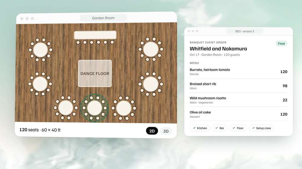 A Garden Room floor plan with 12 rounds and a dance floor, next to the banquet event order for the same wedding.