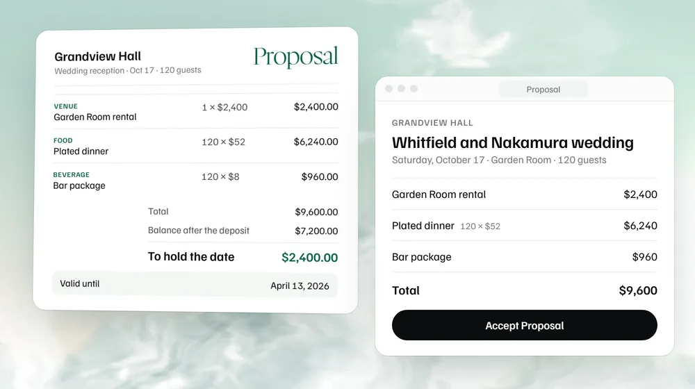 An event proposal for a 120 guest wedding reception, $9,600 with $2,400 to hold the date, beside the same proposal in MyVenueHQ, ready for the client to accept.