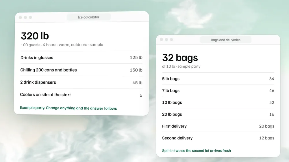 The ice calculator's result for a sample party: 320 lb for 100 guests on a warm day outdoors, next to the bags in each size and a two-delivery split.