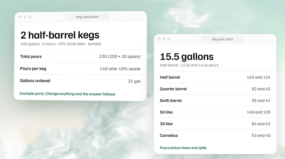 The keg calculator's result for a sample party: 2 half-barrel kegs for 100 guests over five hours, next to the keg size chart with 12 oz and 16 oz pours.