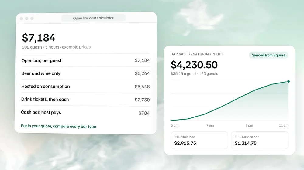 The open bar cost calculator comparing five bar types for 100 guests at example prices, beside a night of sample bar sales synced from Square.