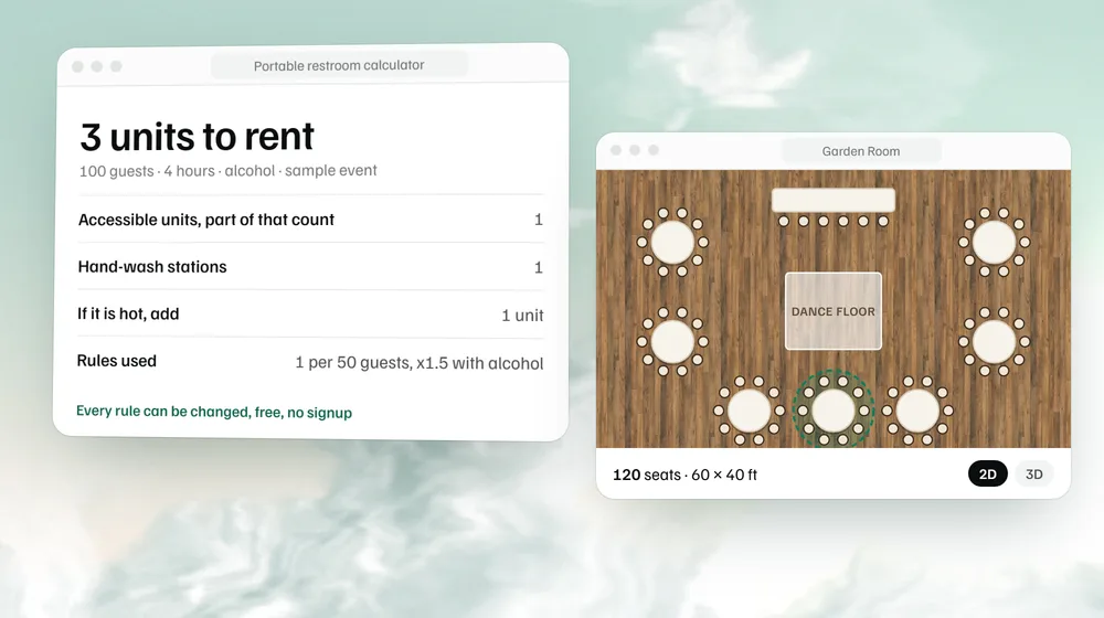 The portable restroom count for a sample event of 100 guests over 4 hours with alcohol, beside a sample floor plan of round tables around a dance floor.