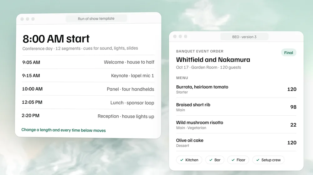 A conference run of show with start times and cues beside a banquet event order in MyVenueHQ.