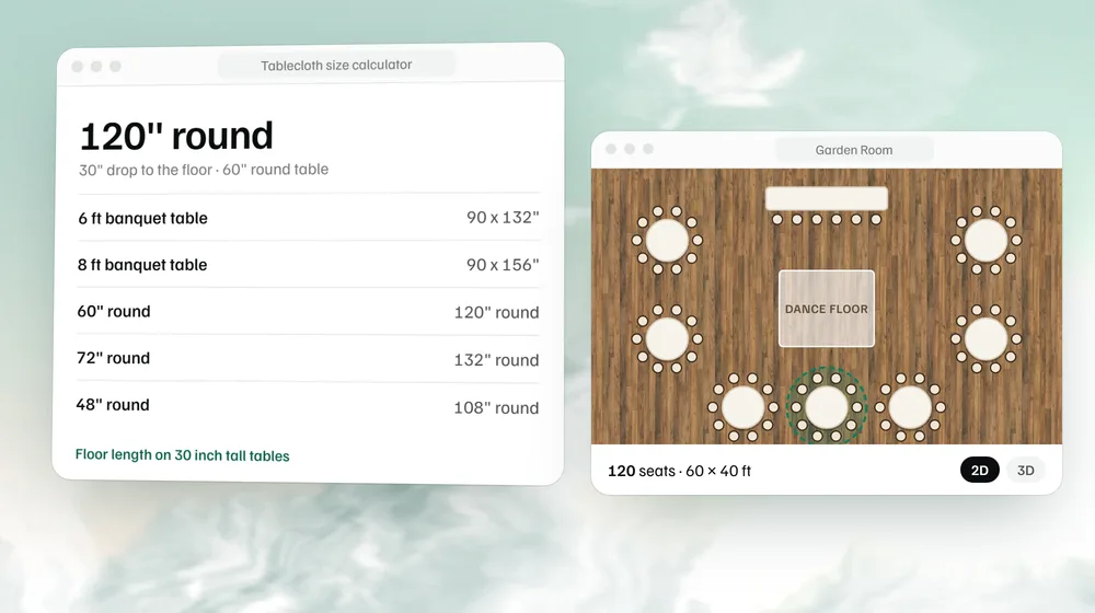 Floor-length linen sizes for 6 ft, 8 ft and round tables, beside a floor plan set with 60 inch rounds.