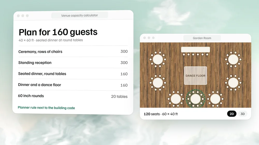 Capacity for a 40 by 60 ft room by setup, next to a floor plan of the same room set with round tables.