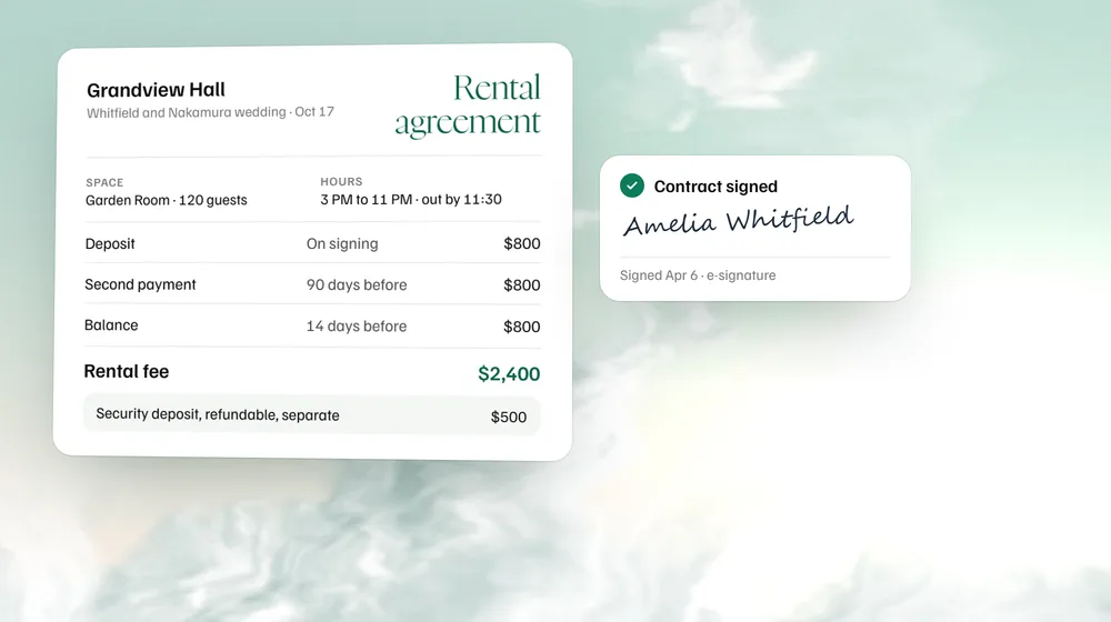 A venue rental agreement for a 120 guest wedding, $2,400 in three payments with a $500 security deposit, beside a contract signed in MyVenueHQ.