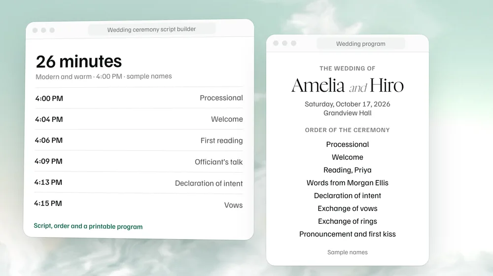The ceremony order for a sample 4 PM ceremony, 26 minutes, beside the printable wedding program built from the same choices, with sample names.