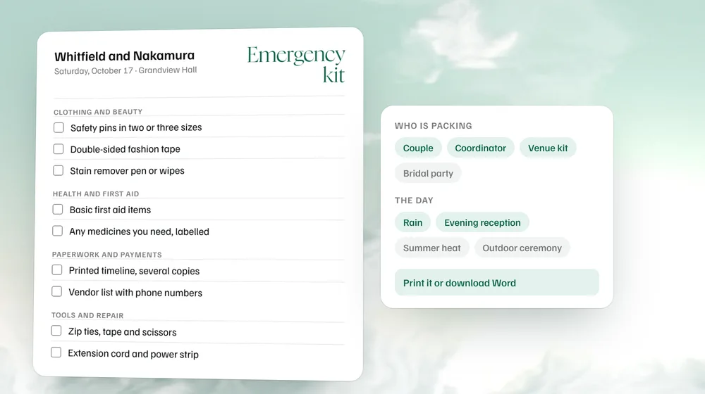 A wedding day emergency kit checklist with empty boxes, built from the roles packing and the weather: couple, coordinator and venue kit, with rain and an evening reception switched on.