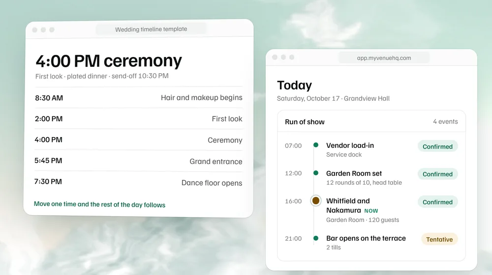 A wedding timeline built from a 4 PM ceremony next to the venue’s Today screen for the same Saturday.