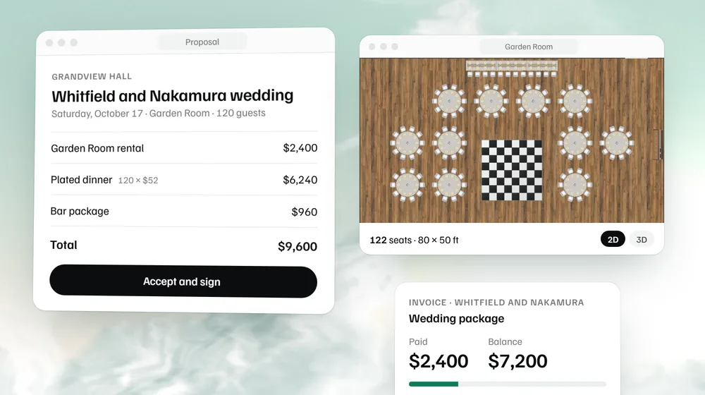 A proposal, a floor plan and a deposit in MyVenueHQ, all included without add-ons.