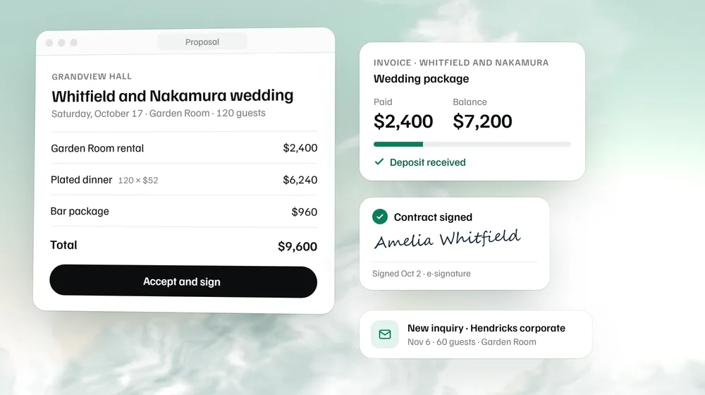 One wedding in MyVenueHQ: a $9,600 proposal, a signed contract, the deposit received and the next inquiry.