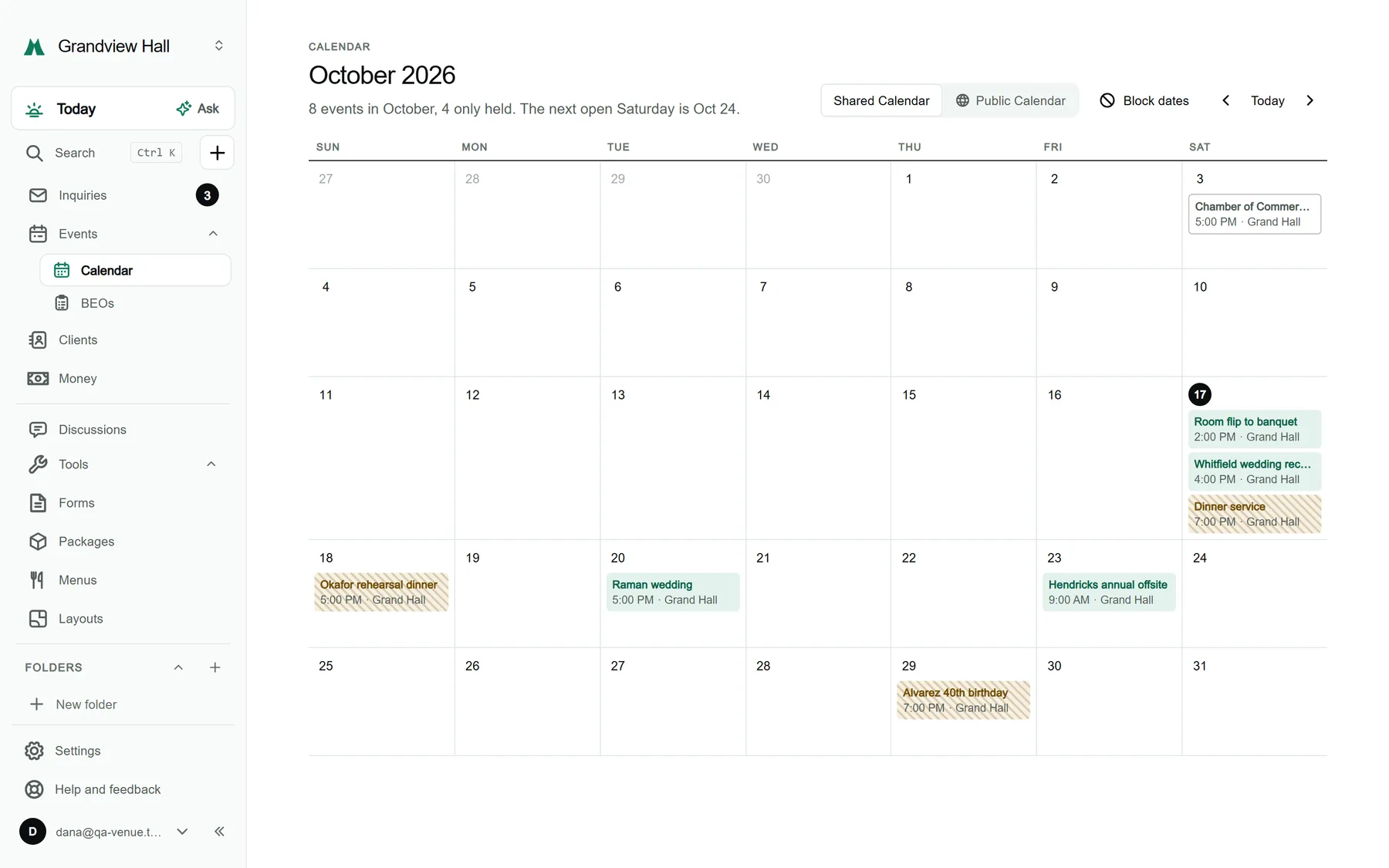 The Calendar screen for a sample venue: a month grid of events, with solid blocks for confirmed events, hatched blocks for tentative ones and a link to the public calendar.