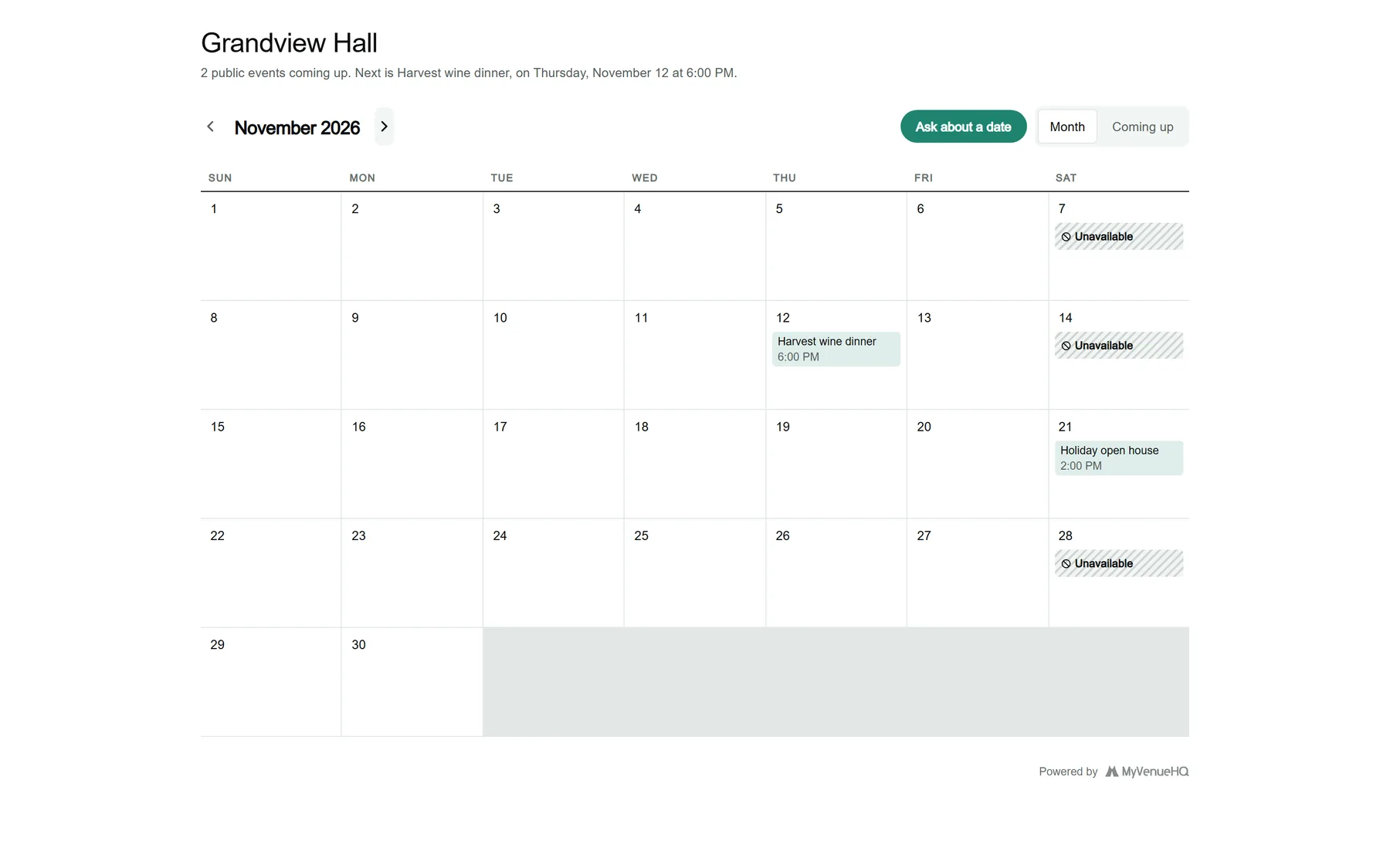The calendar embed for a sample venue: a month with public events, closed days marked unavailable and an Ask about a date button.