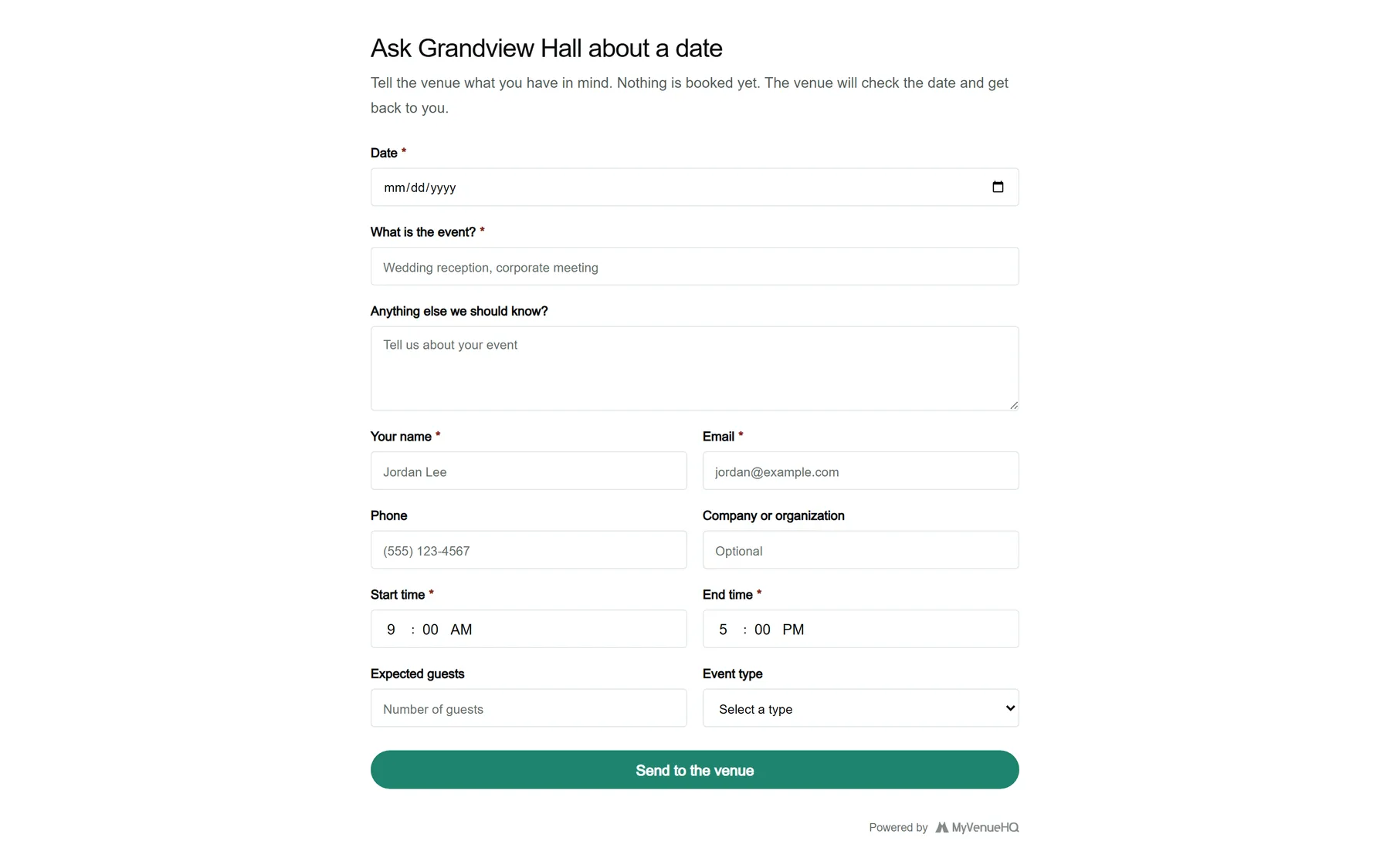 The inquiry form embed for a sample venue, asking for the date, the event, name, email, phone, times, guests and event type.