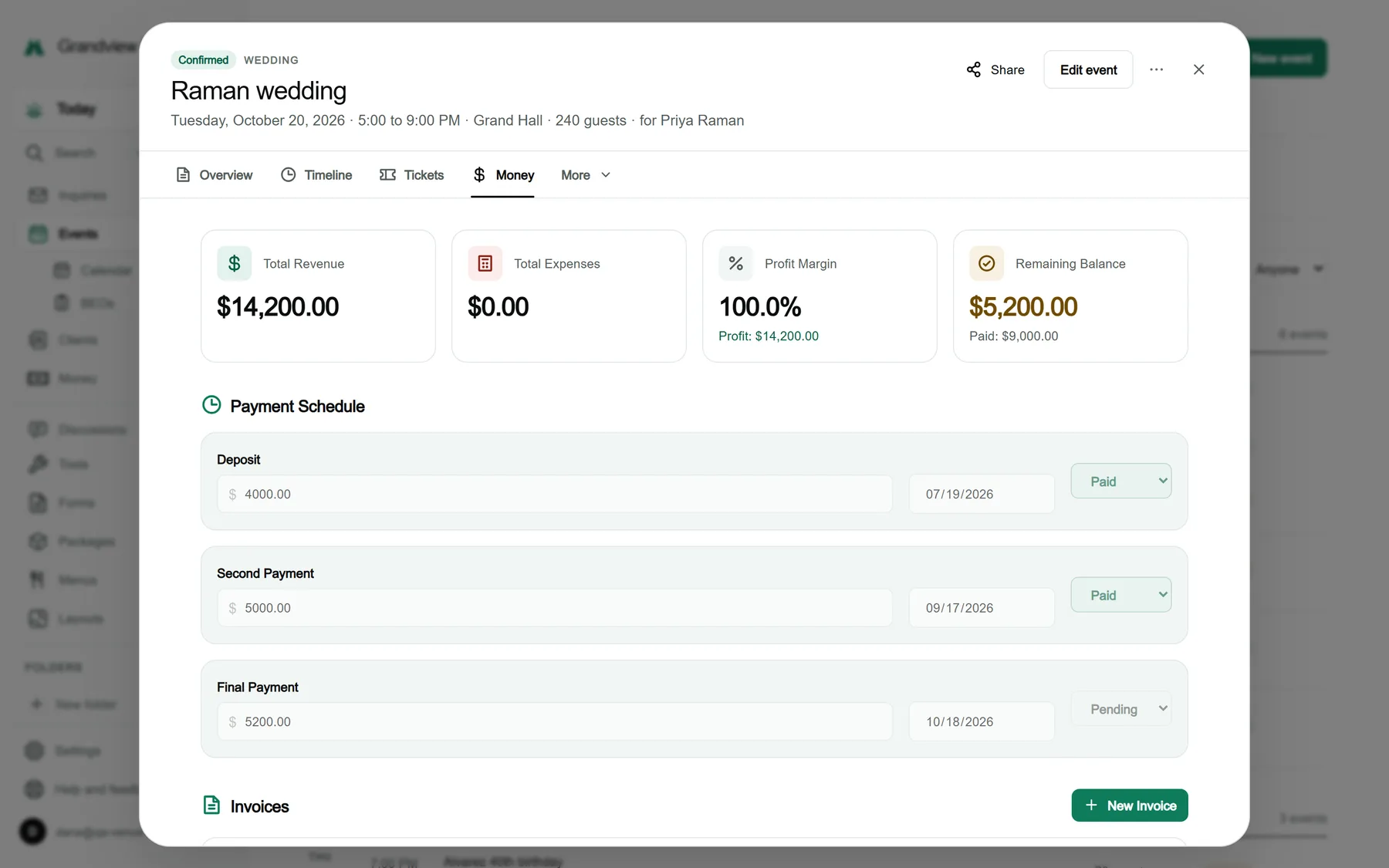 The Money tab of a sample event: a payment schedule with a paid deposit and second payment and a final payment still pending, and the invoices for the event.