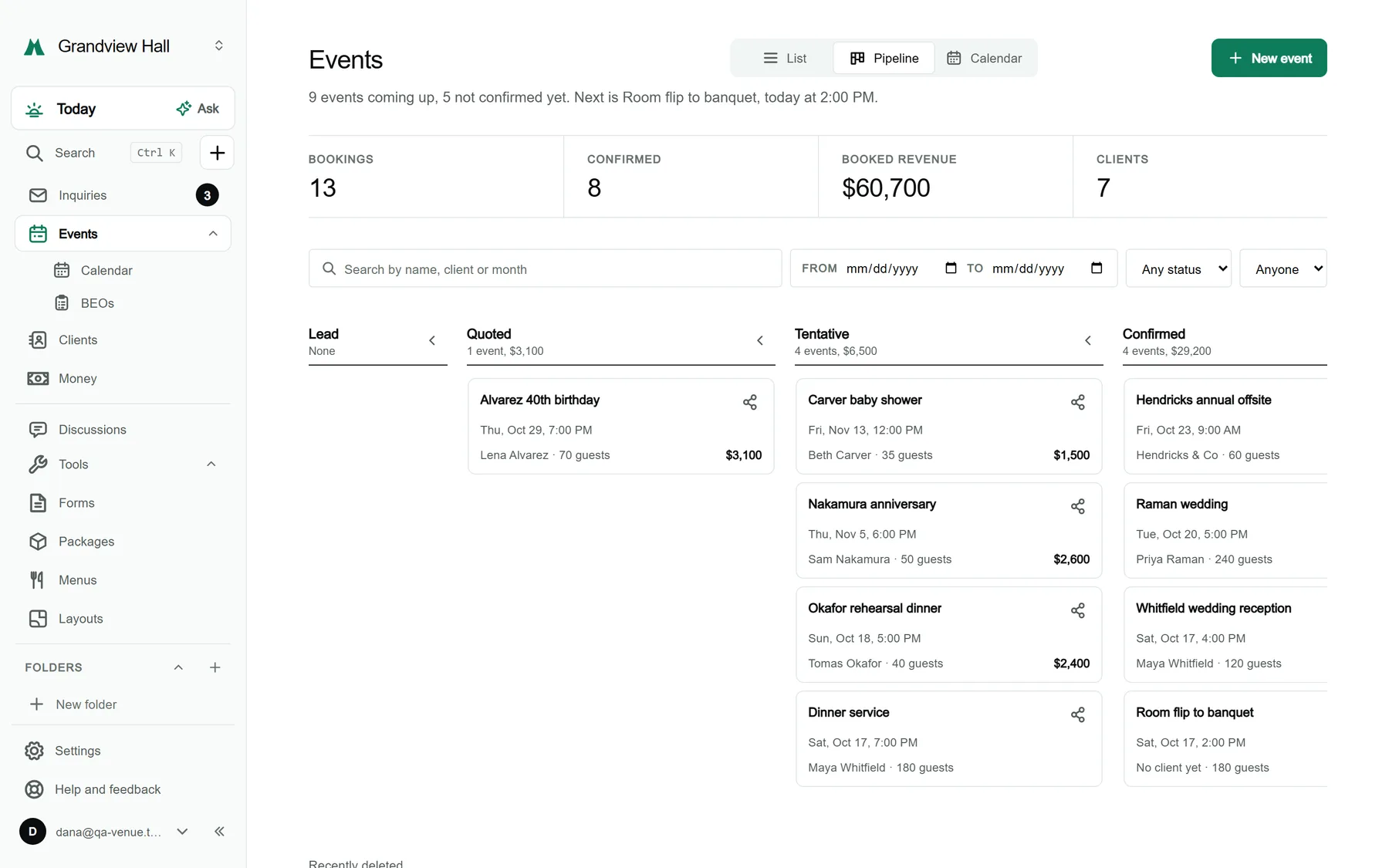 The Pipeline view of the Events screen: cards for each event in columns from Lead to Completed, with a count and a total on every column.
