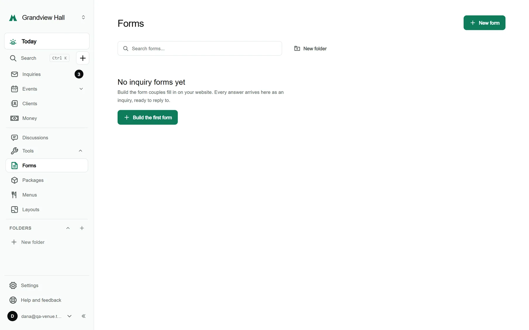 The Forms list for a sample venue, with form cards marked Published or Draft and a New form button.