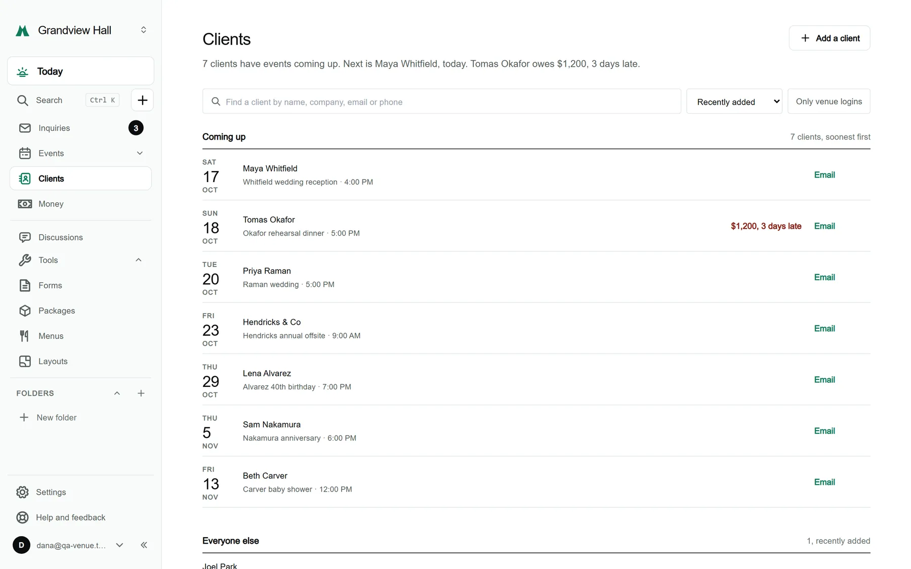 The Clients screen for a sample venue with a Coming up section of clients with events ahead, an Everyone else section, and a search box.