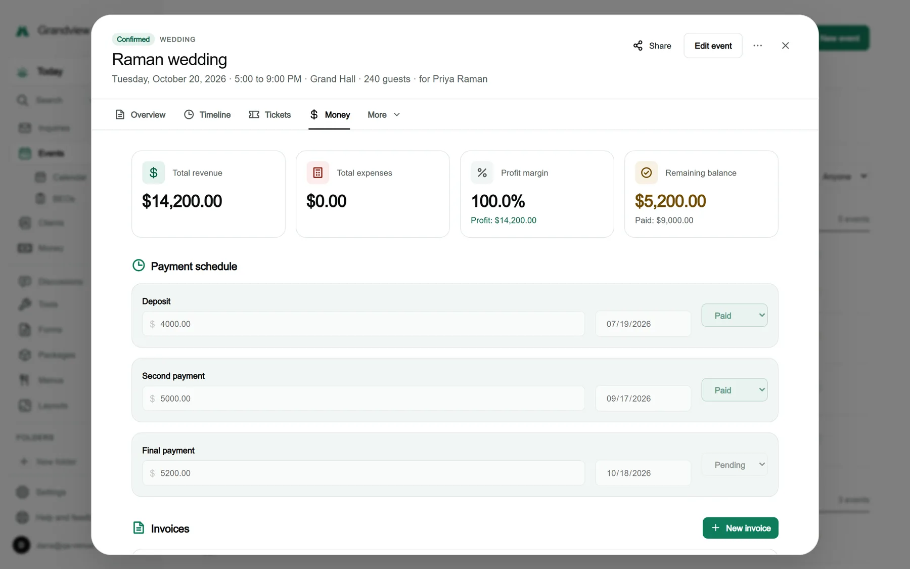 The Money tab of an event in a sample venue, with summary cards, a payment schedule with deposit, second and final payment rows, and an invoices list.