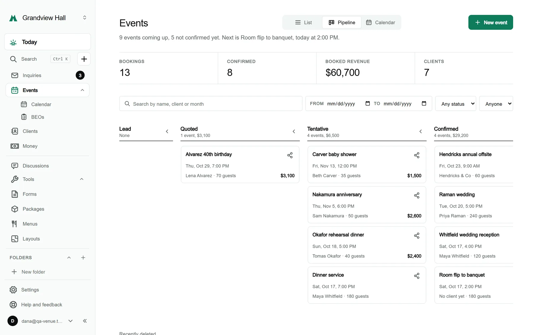 The Events screen in Pipeline view for a sample venue, with columns for Lead, Quoted, Tentative, Confirmed, In progress and Completed.