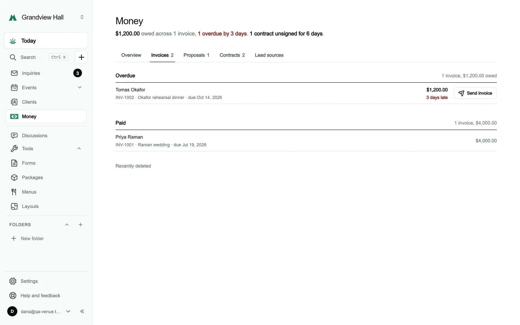 The Invoices tab of Money for a sample venue, with invoices grouped as overdue, waiting for payment and paid, each with a status and a Send or Chase button.