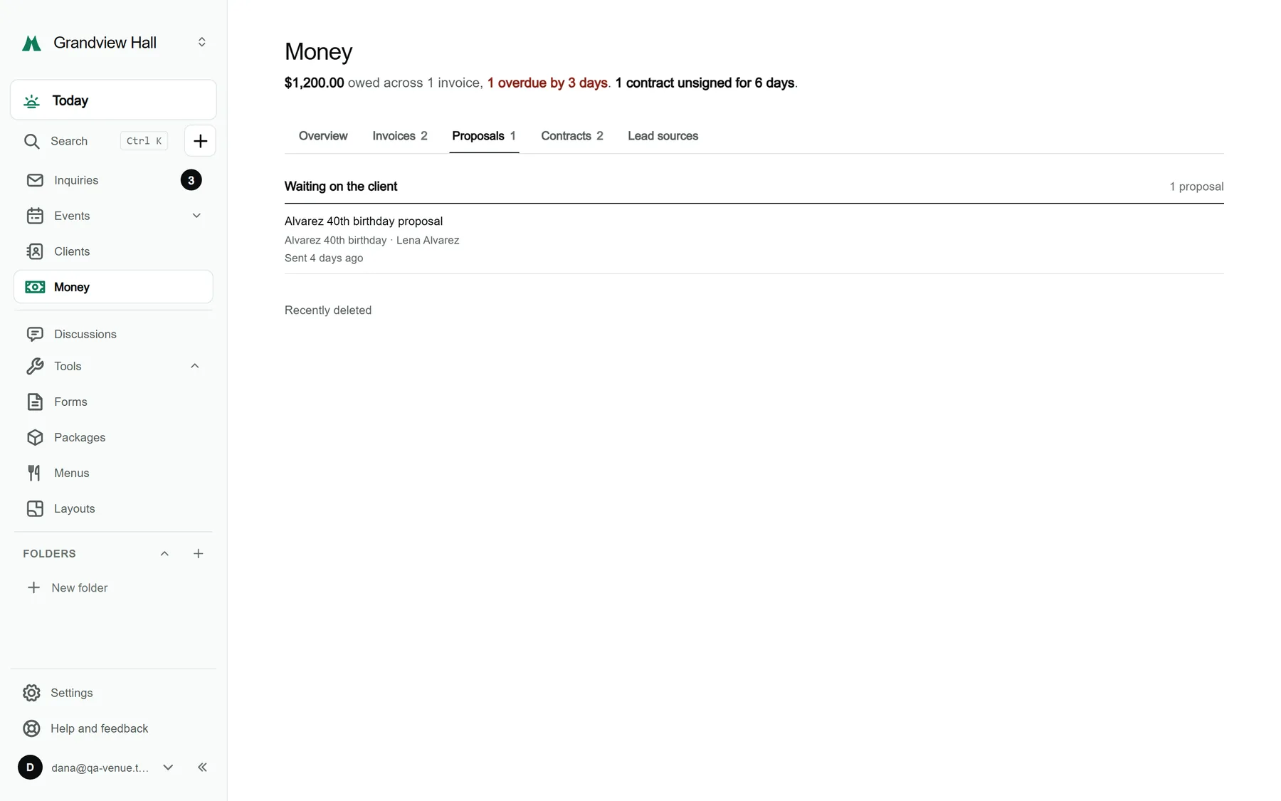 The Proposals tab of Money for a sample venue, listing proposals across events with their status and when they were sent.