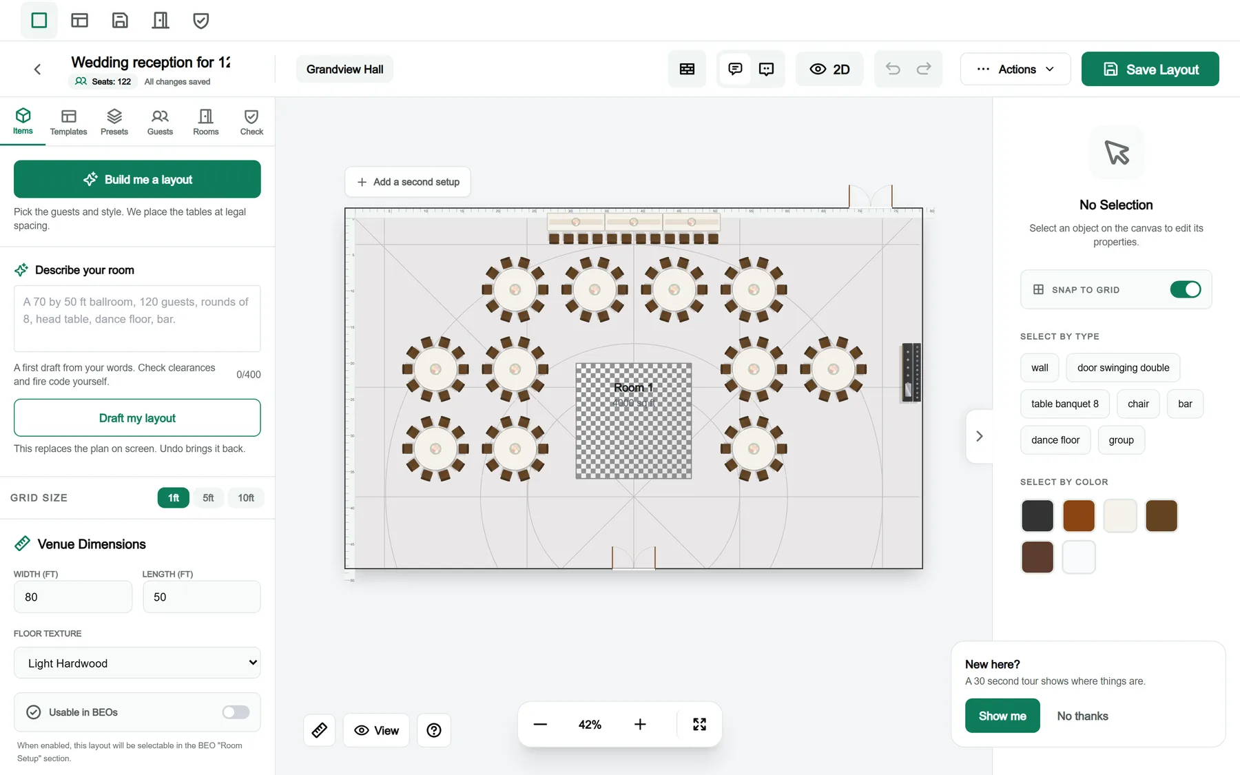 The layout builder for a sample venue, with the Items tab on the left, the room plan with tables in the middle and the Properties panel on the right.