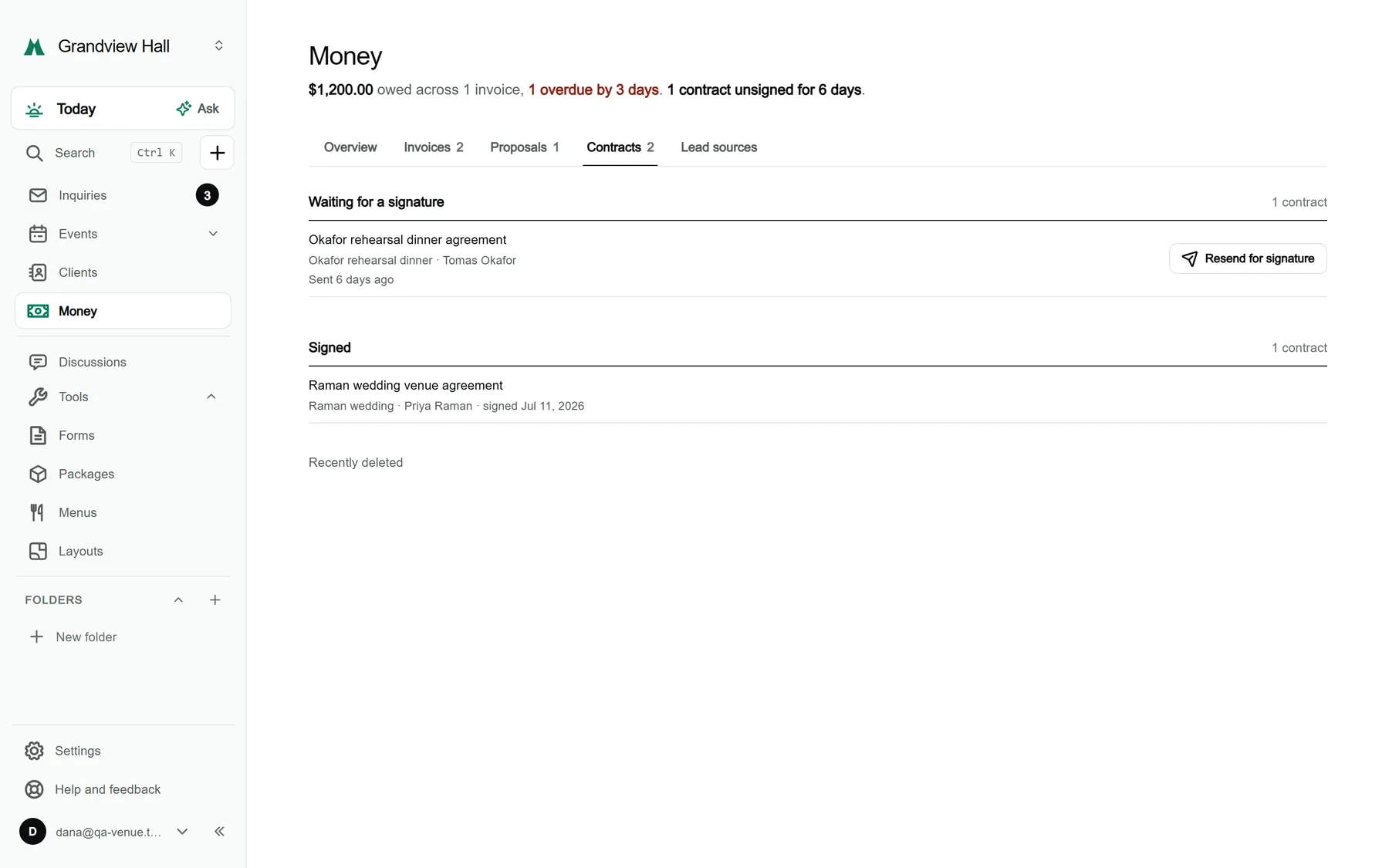 The Contracts tab of Money for a sample venue: a list of contracts with a status of signed, sent or draft, and when each was sent or signed.