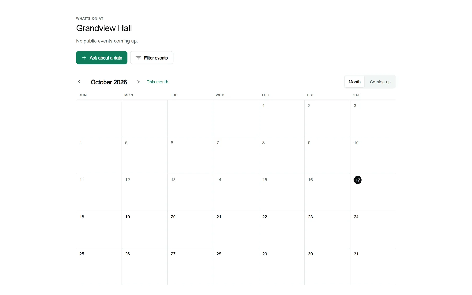 A venue’s public booking page for a sample venue: a month calendar with no events on it, a button that says Ask about a date and a Filter events button.