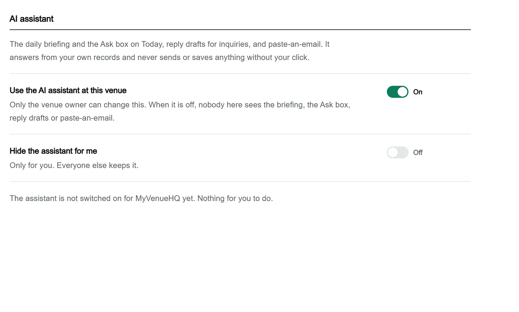 The AI assistant page in Settings: a switch to use the assistant at this venue and a switch to hide the assistant for me.