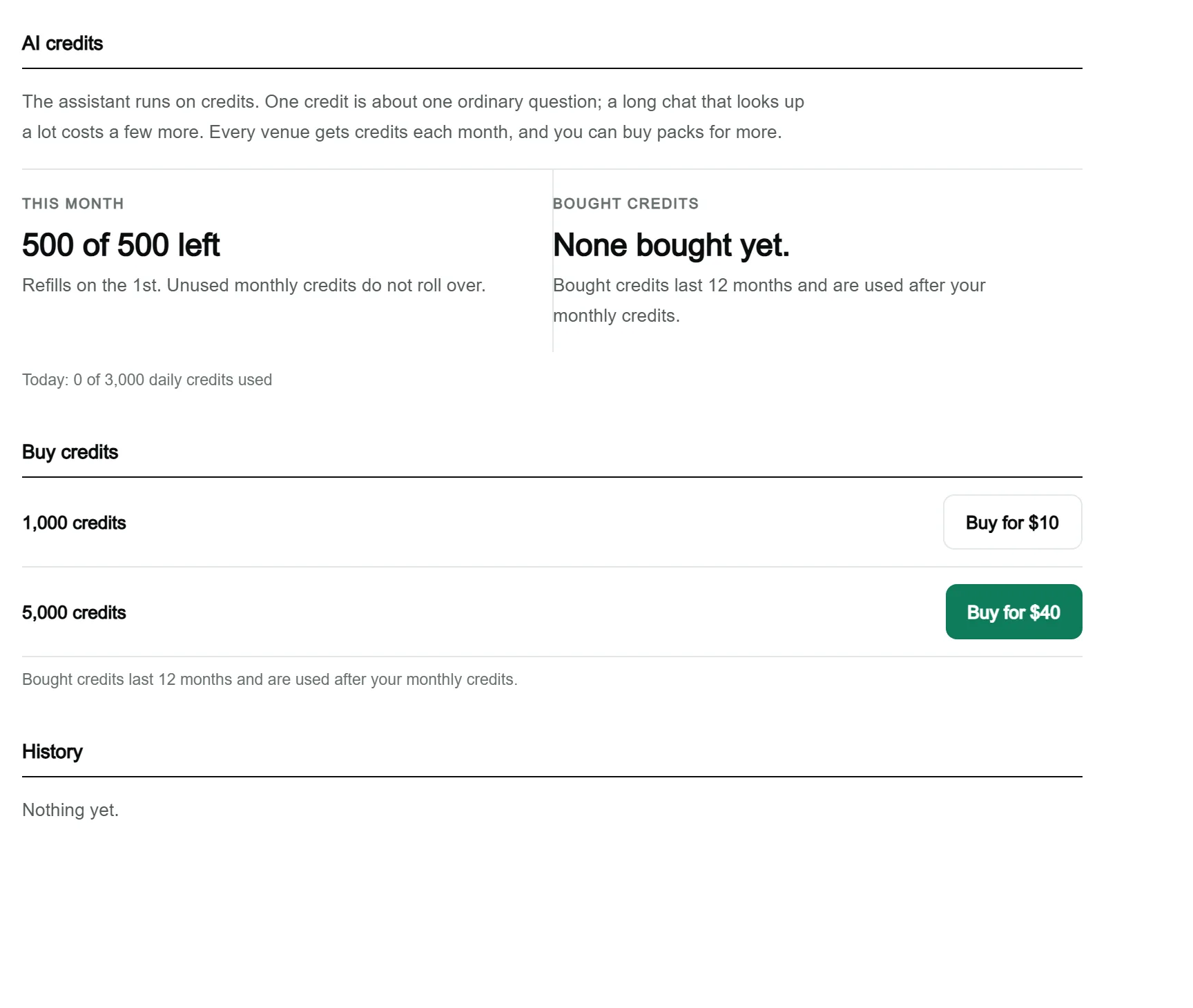 The AI credits page in Settings for a sample venue: credits left this month, bought credits, daily use, buttons to buy a pack of 1,000 or 5,000 credits, and a history.