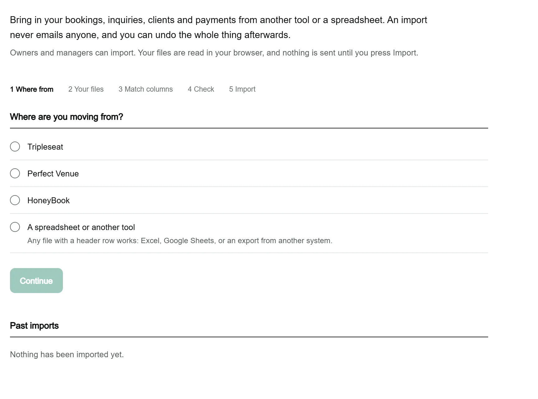 The Import your data page in Settings: a row of five steps and a choice of where you are moving from.
