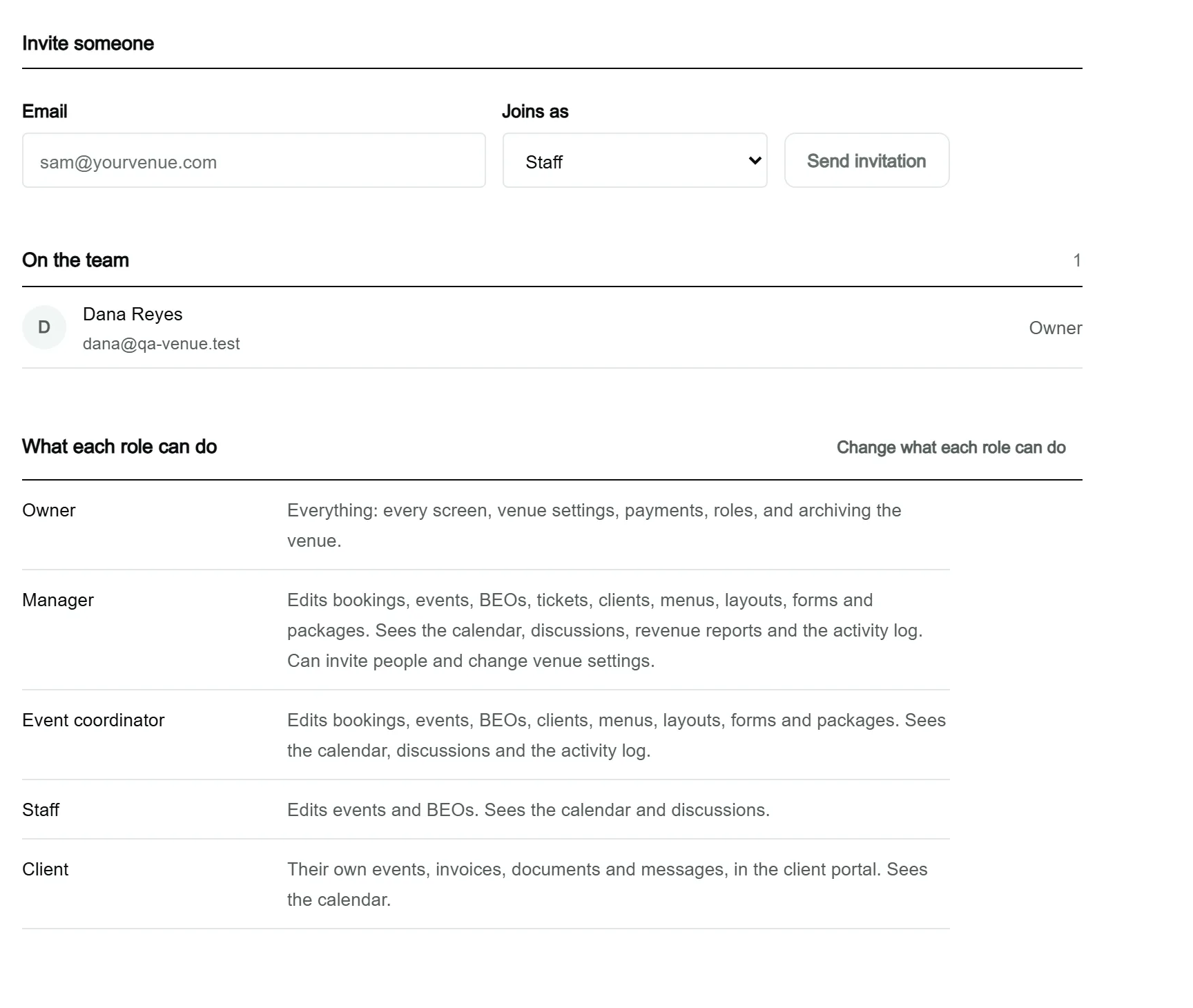 The Members page in Settings: an Invite someone form with an email field and a role menu, and the list of people on the team.