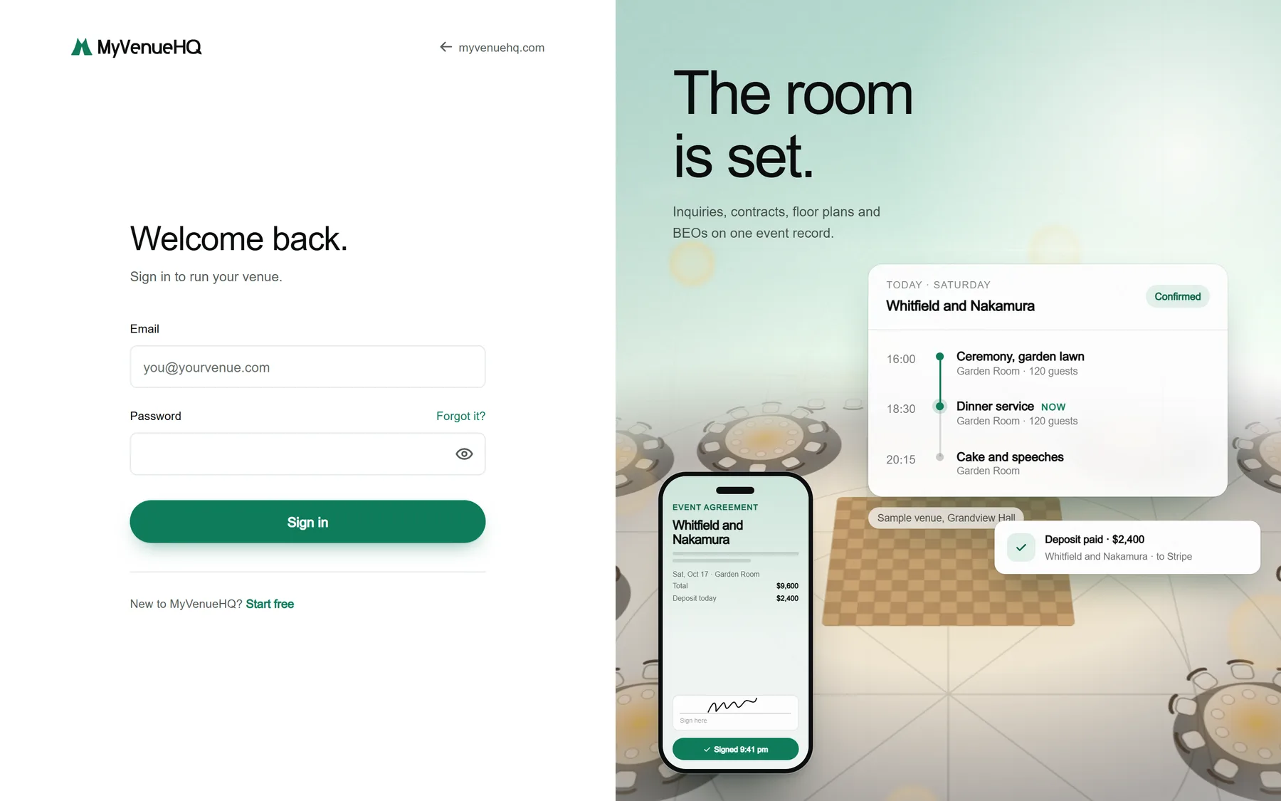 The MyVenueHQ sign-in page: a Welcome back heading, email and password fields, a Forgot it link and a Sign in button.