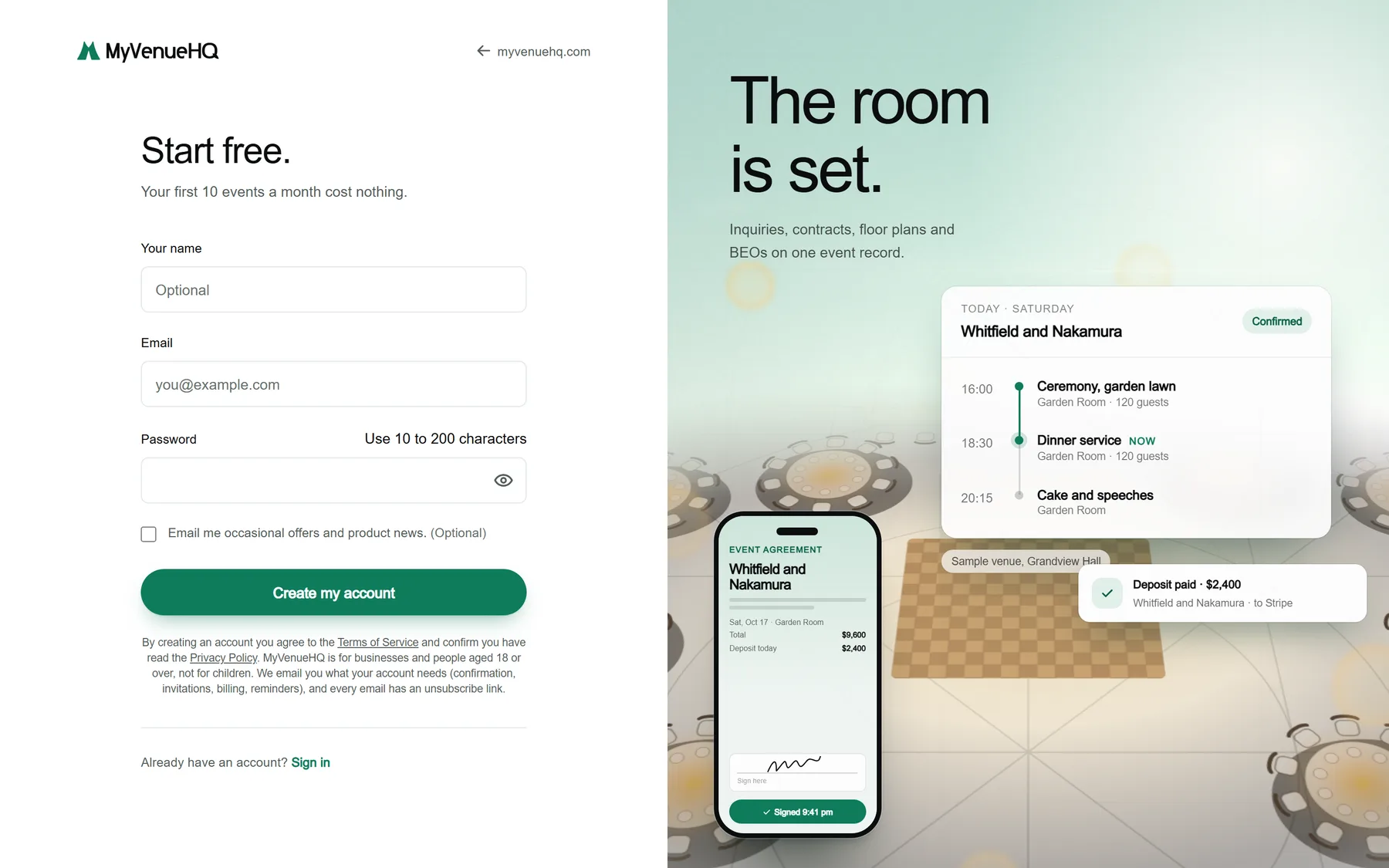 The MyVenueHQ sign-up page: a form with fields for name, email and password and a Create my account button.