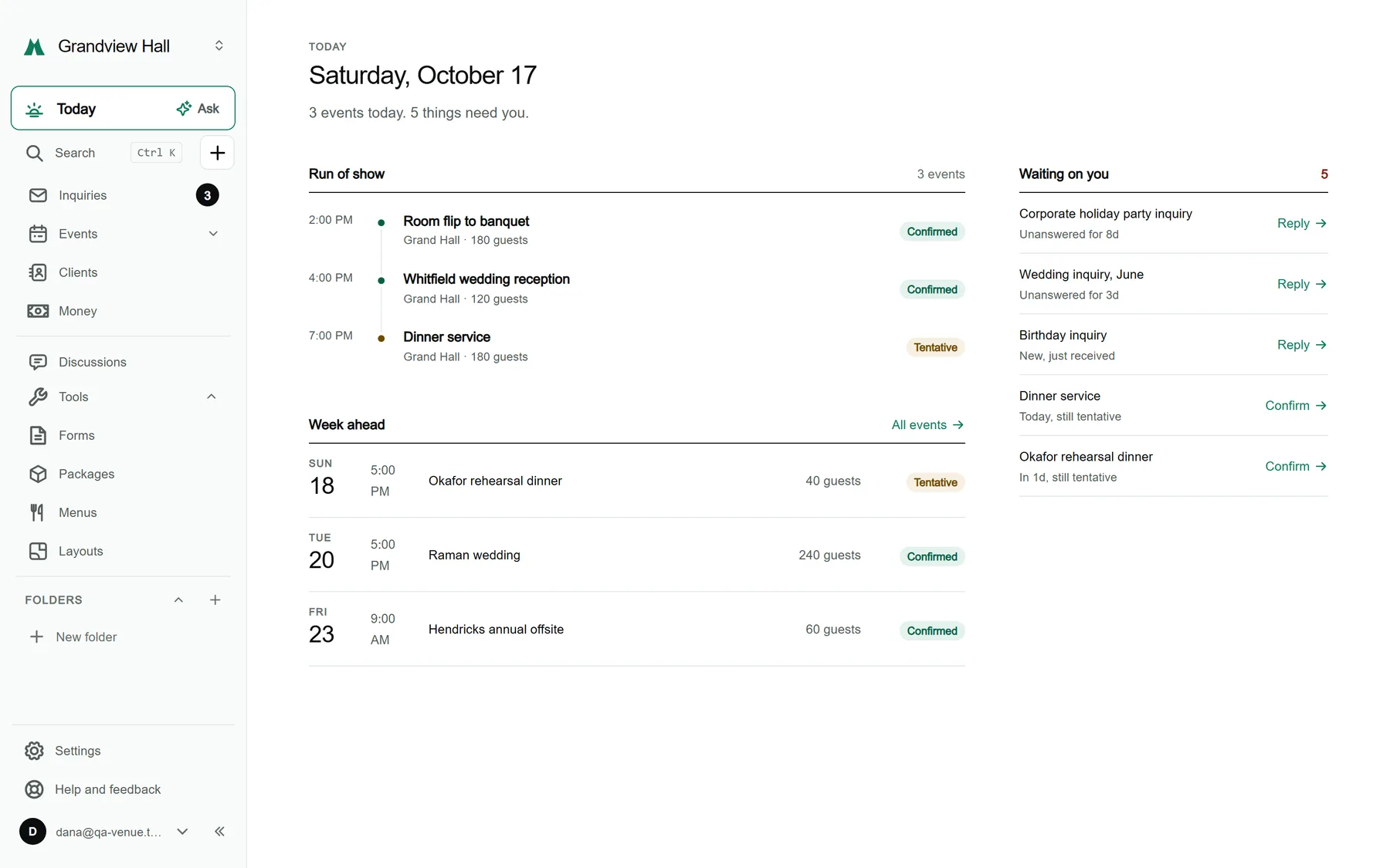 The Today screen of MyVenueHQ for a sample venue: the events on now and next, new inquiries waiting for a reply and payments coming in.