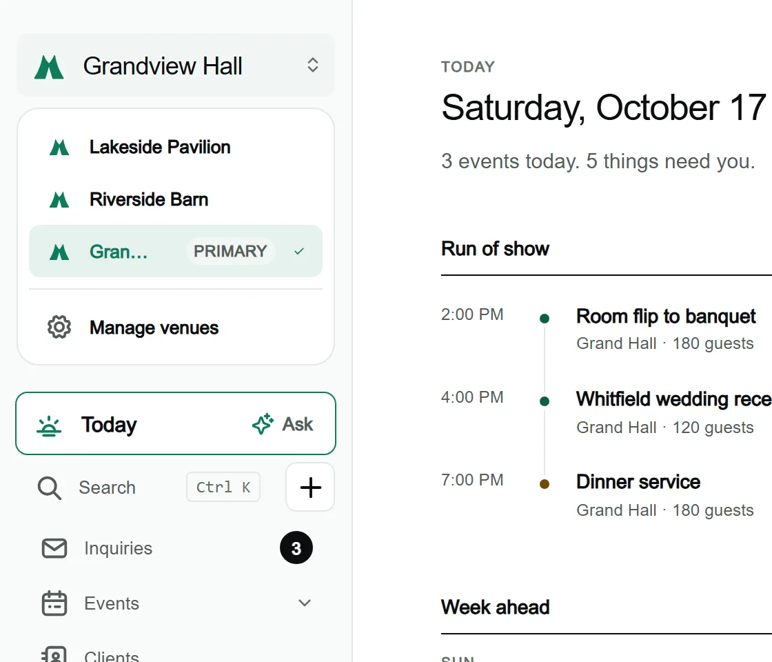 The venue menu open at the top of the MyVenueHQ sidebar, listing three sample venues with a check mark on the current one, a Primary tag and a Manage venues link.