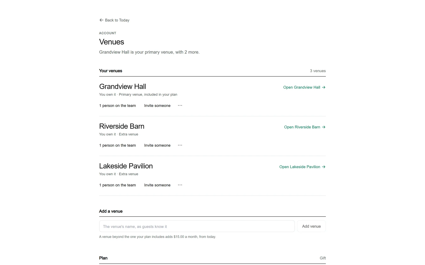 The Venues screen in MyVenueHQ with three sample venues, each showing that you own it and whether it is the primary venue included in your plan or an extra venue, and an Add a venue field that says a venue beyond the one your plan includes adds $15 a month, from today.