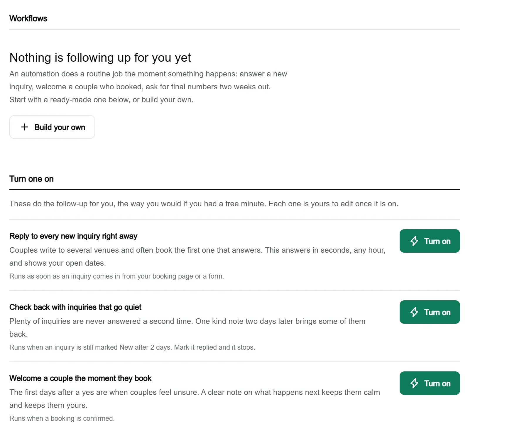 The Workflows settings screen: ready-made automations listed under Ready-made, one click, each with a Turn on button, such as replying to every new inquiry right away.
